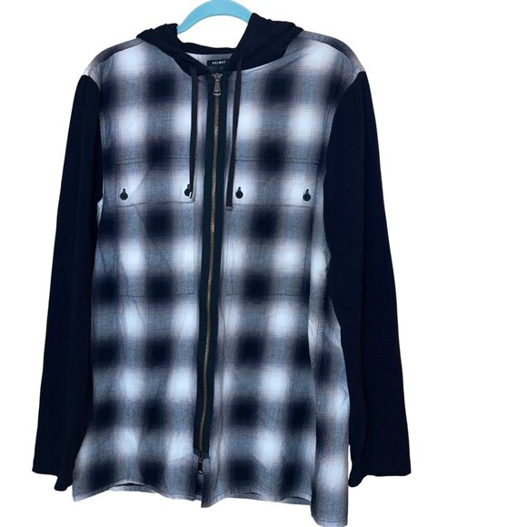 Helmet Lang Mens  Jacket Size Large Multicolor Plaid Print Zipper Front Hooded - Picture 1 of 10